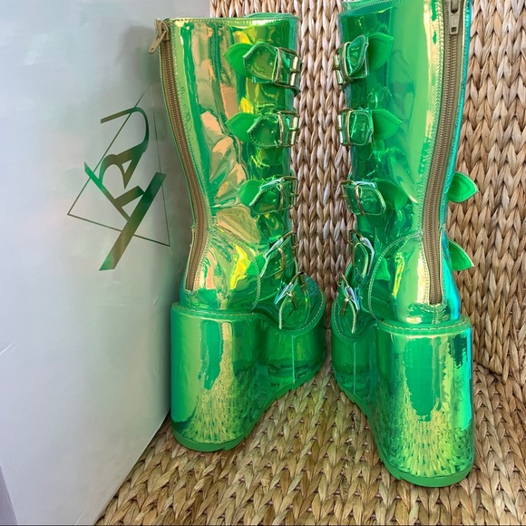 New YRU Dune Weed Green Holo Platform  Boots - Picture 4 of 8